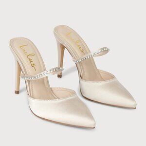 LULUS Phyly Ivory Satin Rhinestone Pointed-Toe Mule Pumps